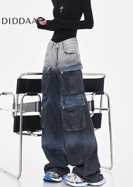 Gradient Multi-Pocket Wide-Leg Cargo Jeans - Women’s Jeans