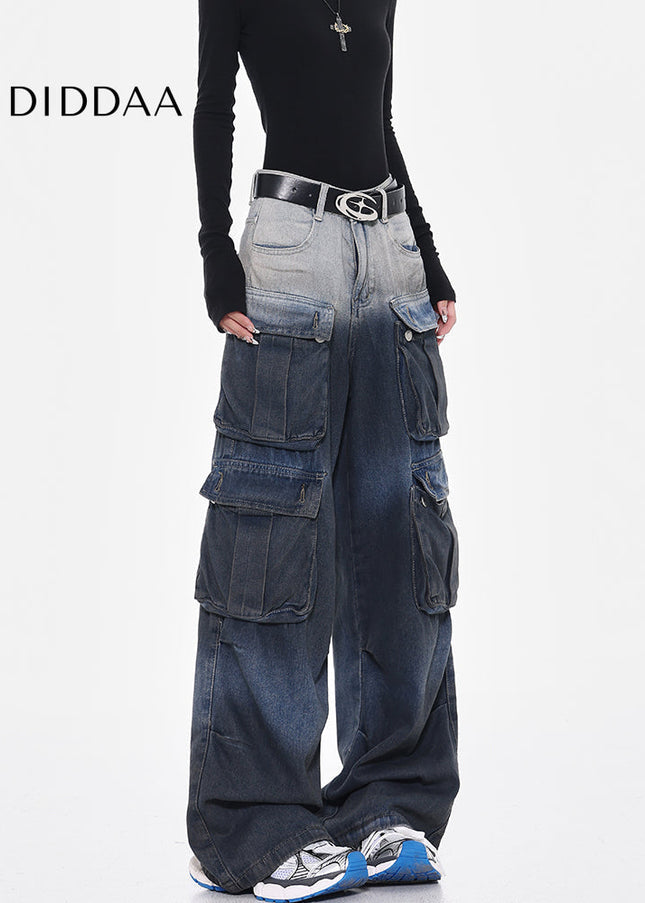 Gradient Multi-Pocket Wide-Leg Cargo Jeans - Women’s Jeans