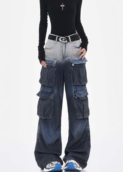 Gradient Multi-Pocket Wide-Leg Cargo Jeans - Women’s Jeans