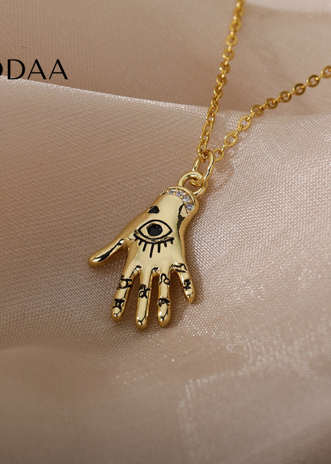 Grasp Pendant Necklace | Gold Hand Eye Chain - Gold - Necklaces