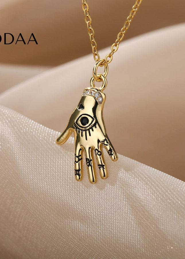 Grasp Pendant Necklace | Gold Hand Eye Chain - Gold - Necklaces