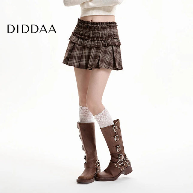 Gray Checked High-Waisted A-Line Woolen Skirt - S / Brown - Skirts