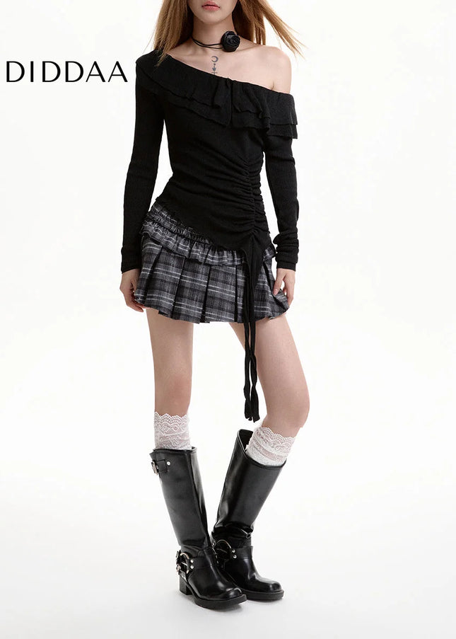 Gray Checked High-Waisted A-Line Woolen Skirt - Skirts