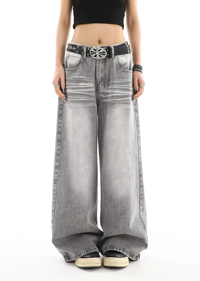 Gray Distressed Straight Leg Jeans for Women Casual Loose Drape - Women’s Jeans