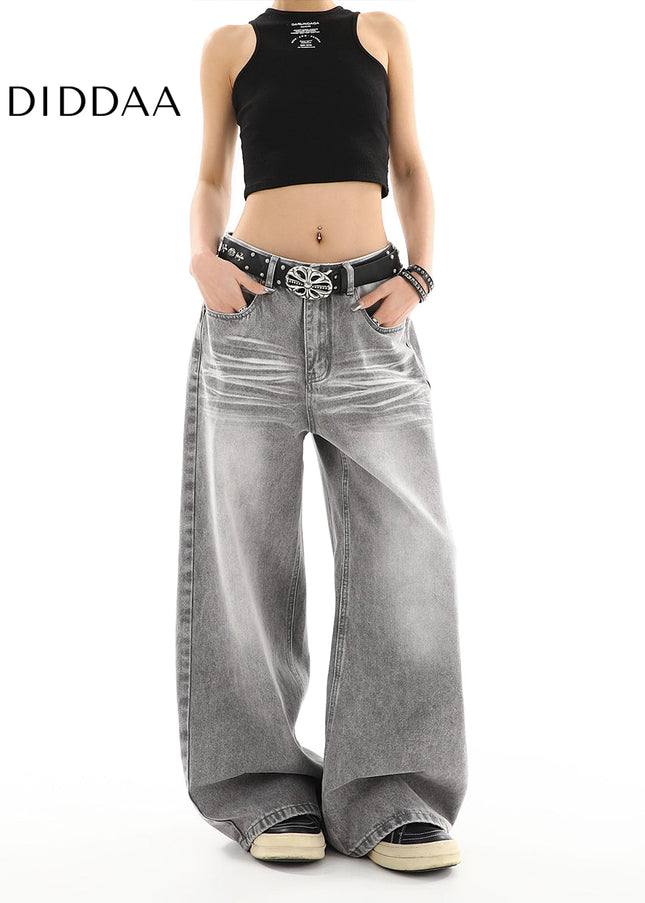 Gray Distressed Straight Leg Jeans for Women Casual Loose Drape - Women’s Jeans