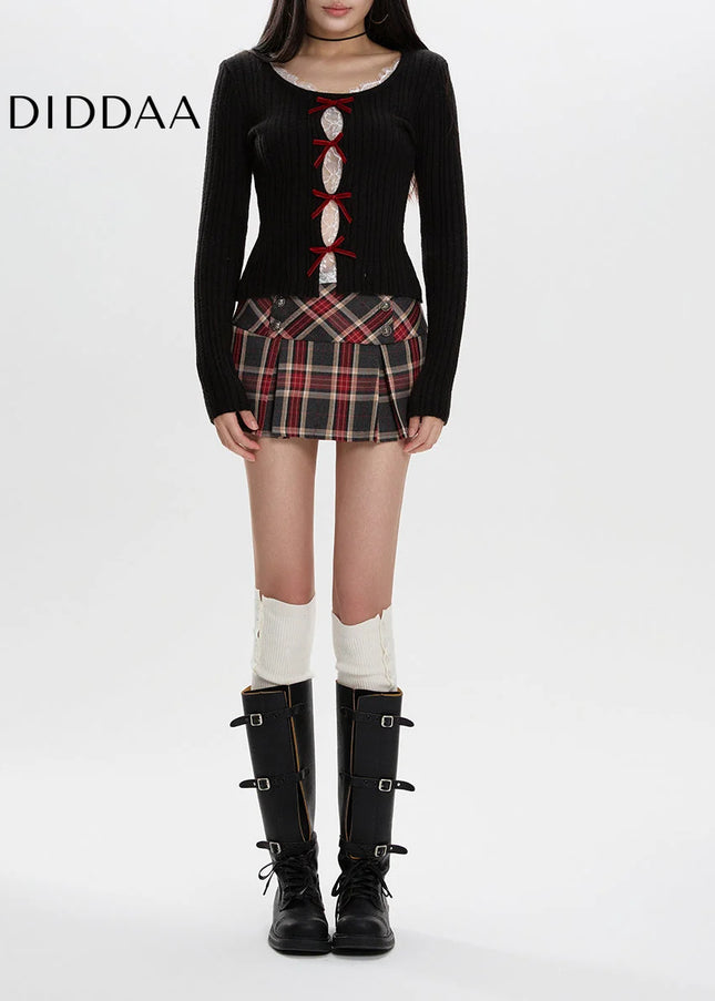 Gray High Waist Pleated A-Line Plaid Skirt Winter 2024 - Skirts