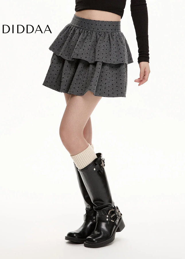 Gray High Waist Slim Polka Dot Woolen Skirt Winter 2024 - Skirts