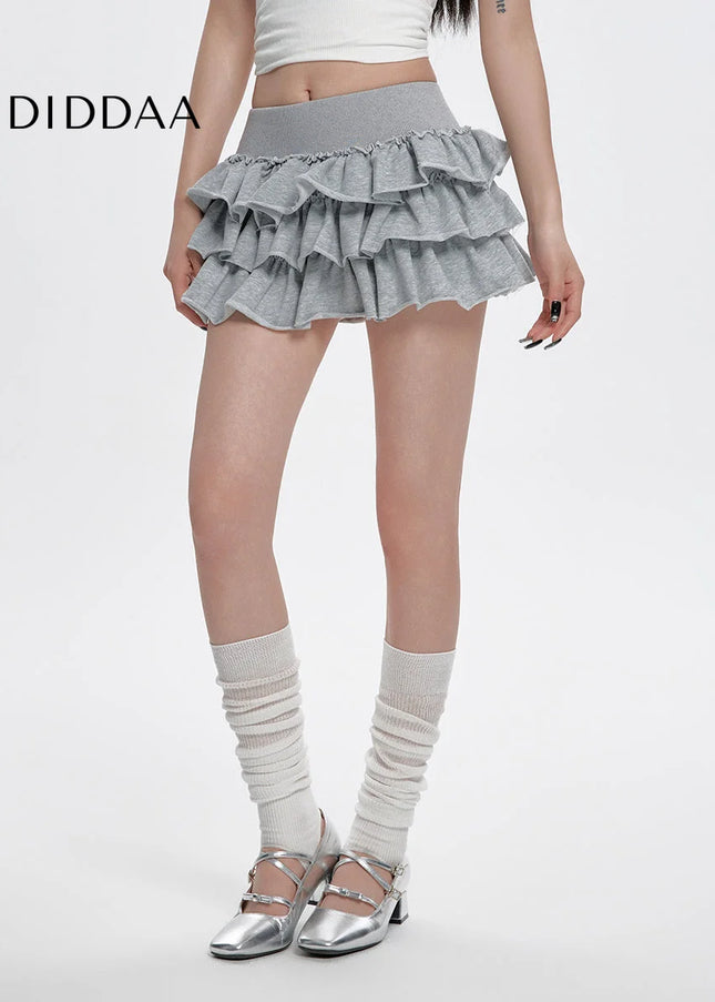 Gray High-Waisted A-Line Puffy Cake Skirt for Women - Skirts