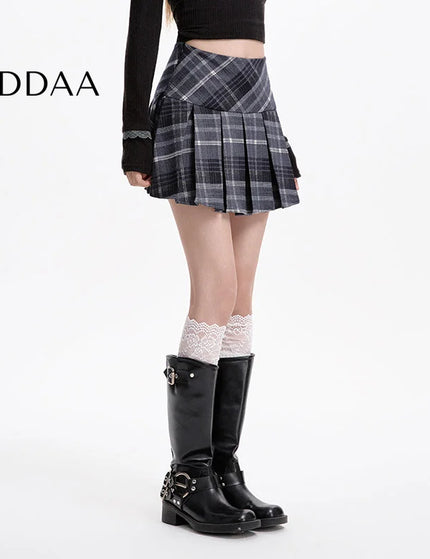 Gray High-Waisted A-Line Woolen Plaid Skirt for Women - S / Black - Skirts