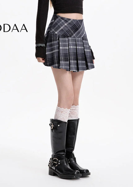 Gray High-Waisted A-Line Woolen Plaid Skirt for Women - S / Black - Skirts