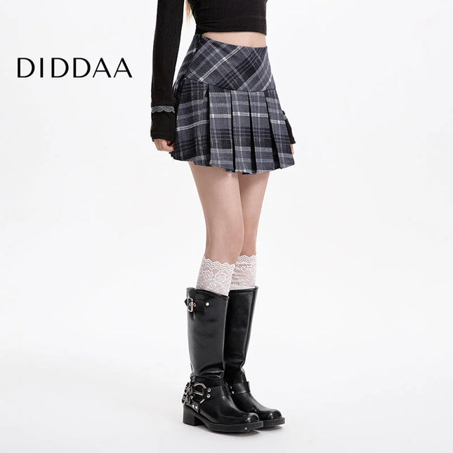 Gray High-Waisted A-Line Woolen Plaid Skirt for Women - S / Black - Skirts