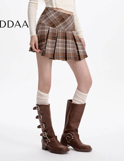 Gray High-Waisted A-Line Woolen Plaid Skirt for Women - S / Brown - Skirts