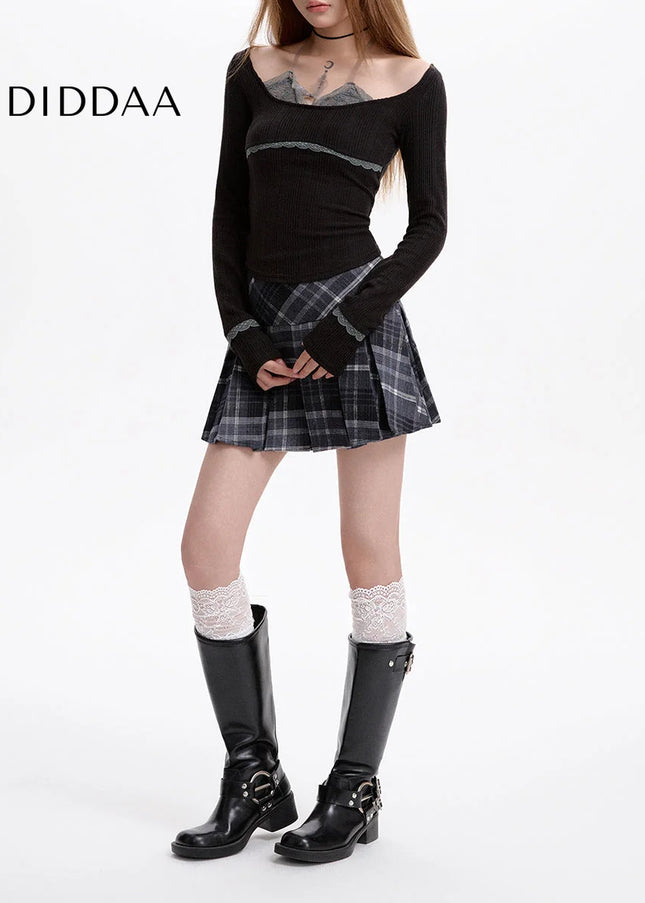 Gray High-Waisted A-Line Woolen Plaid Skirt for Women - Skirts