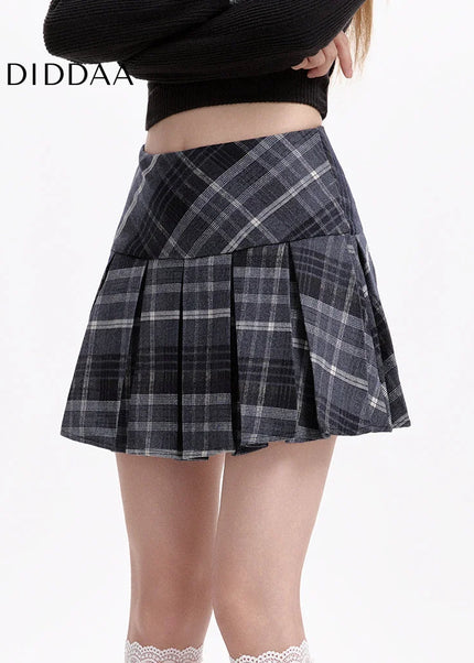 Gray High-Waisted A-Line Woolen Plaid Skirt for Women - Skirts