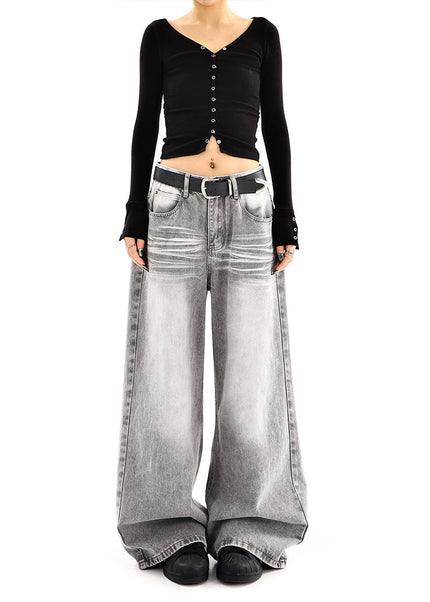 Gray High-Waisted Distressed Wide-Leg Jeans - Women’s Jeans