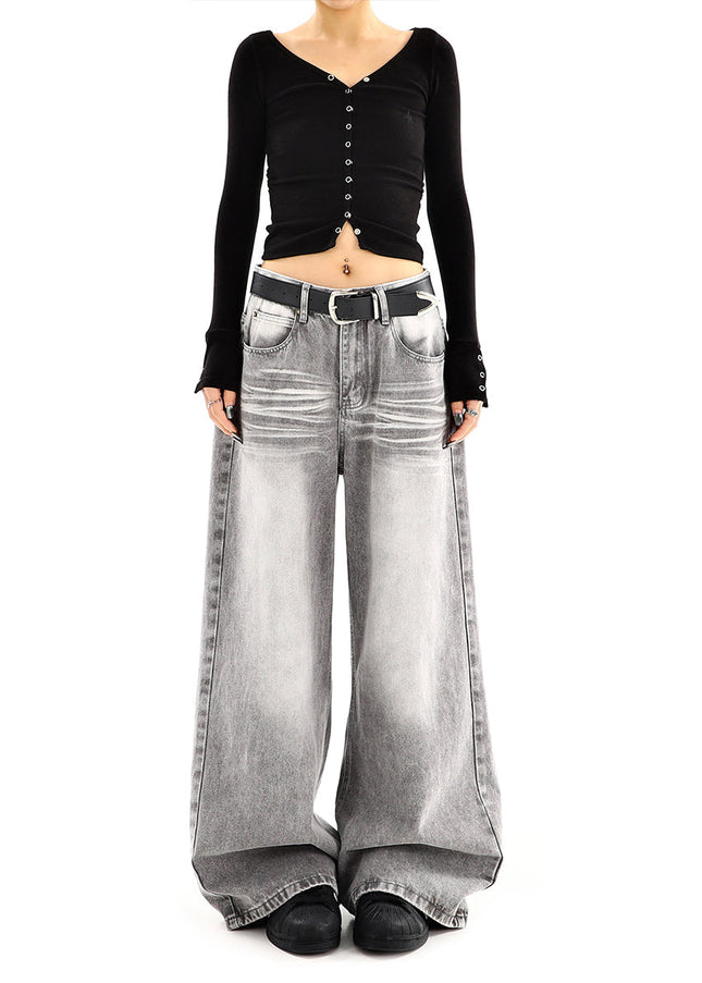 Gray High-Waisted Distressed Wide-Leg Jeans - Women’s Jeans