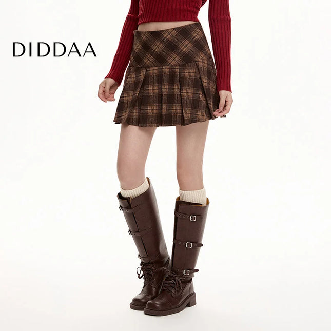 Gray High-Waisted Pleated Woolen Plaid Skirt for Women - S / Brown - Skirts