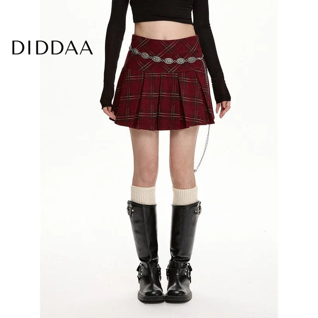 Gray High-Waisted Pleated Woolen Plaid Skirt for Women - S / Red - Skirts