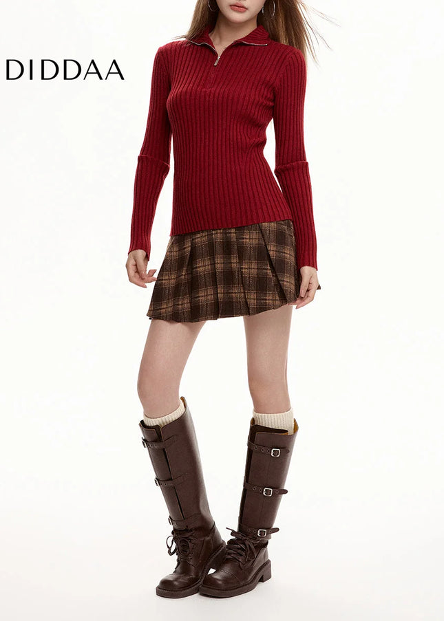 Gray High-Waisted Pleated Woolen Plaid Skirt for Women - Skirts