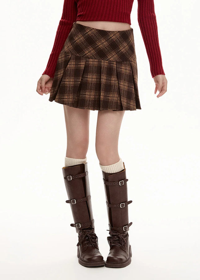 Gray High-Waisted Pleated Woolen Plaid Skirt for Women - Skirts