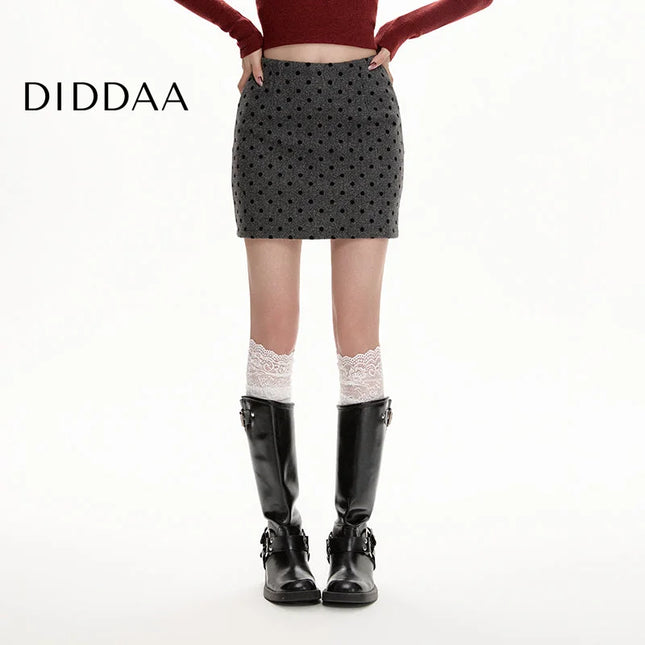 Gray High-Waisted Polka Dot A-Line Winter Skirt - S / Dark Grey - Skirts
