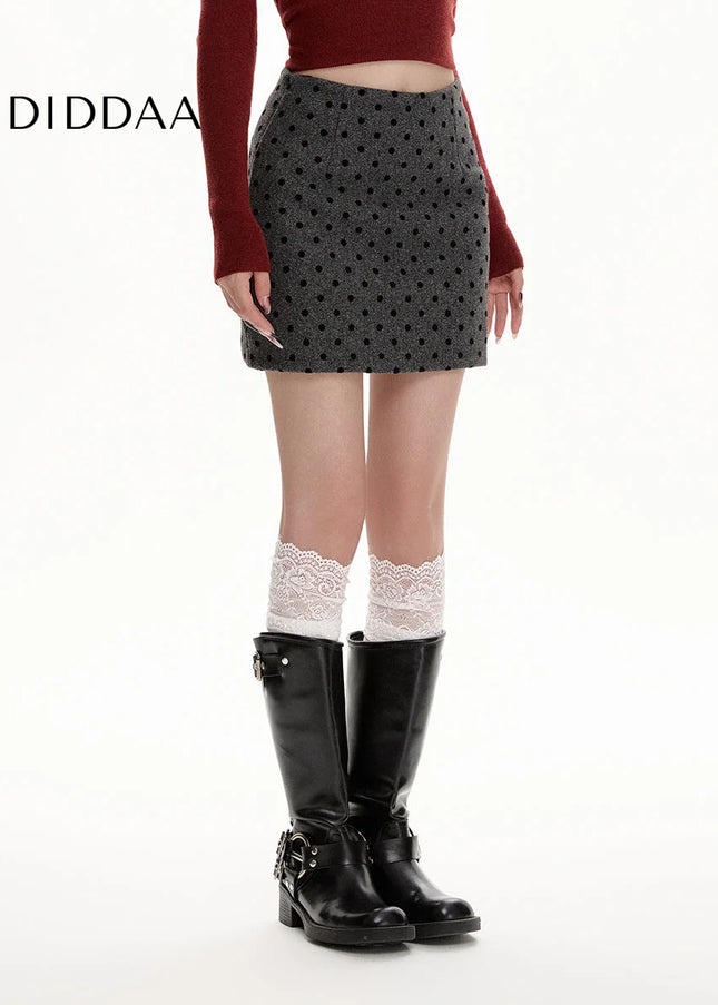 Gray High-Waisted Polka Dot A-Line Winter Skirt - Skirts