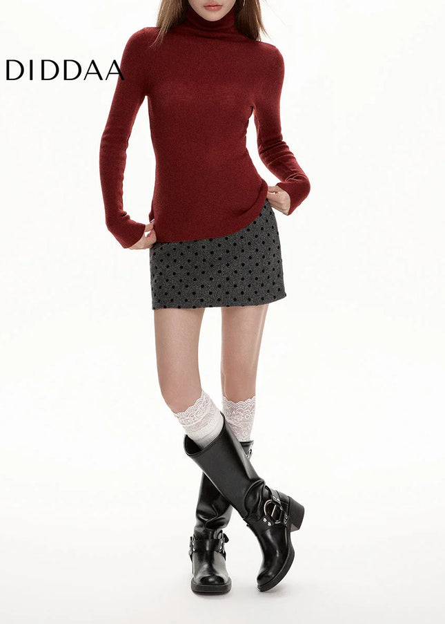 Gray High-Waisted Polka Dot A-Line Winter Skirt - Skirts