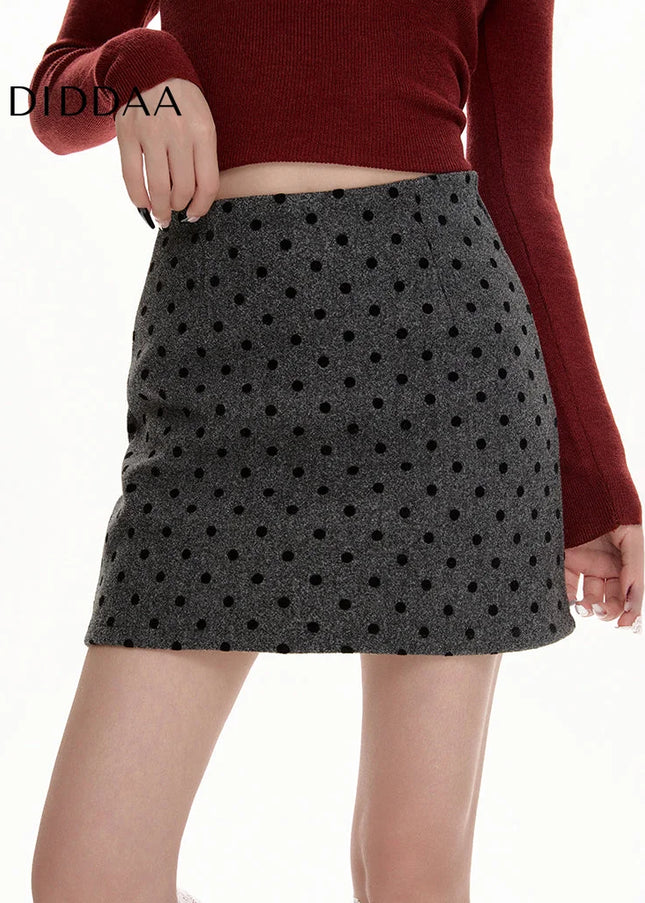 Gray High-Waisted Polka Dot A-Line Winter Skirt - Skirts