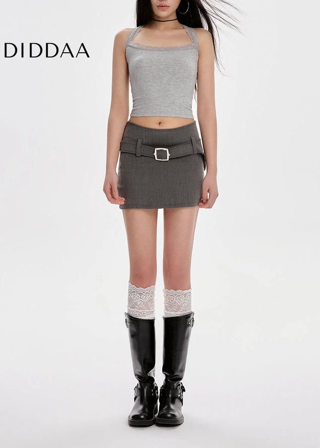 Gray High-Waisted Slim A-Line Short Skirt for Women - Skirts