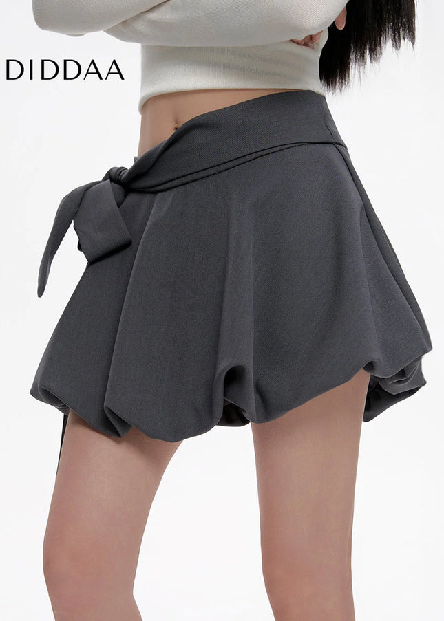 Gray Lace-Up High-Waisted A-Line Skirt for Summer - Skirts