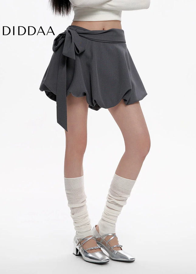 Gray Lace-Up High-Waisted A-Line Skirt for Summer - Skirts