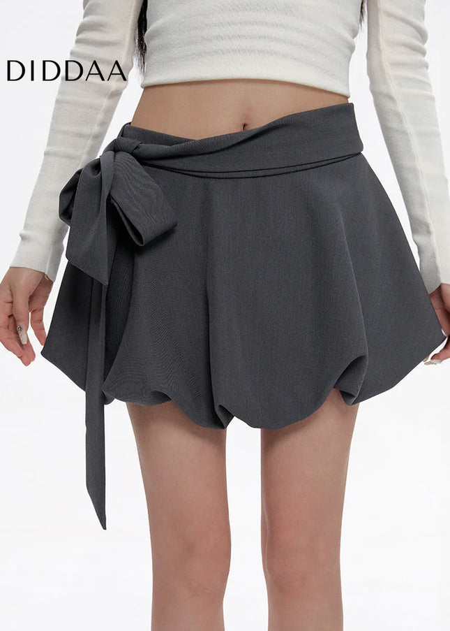 Gray Lace-Up High-Waisted A-Line Skirt for Summer - Skirts