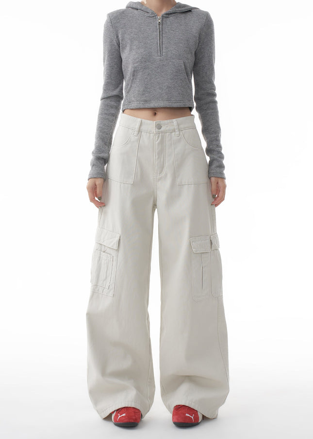 Gray Loose Wide-Leg Cargo Pants with Multi-Pockets - Women’s Jeans