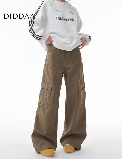 Gray Loose Wide-Leg Cargo Pants with Multi-Pockets - XS / Brown - Women’s Jeans