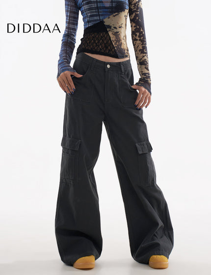 Gray Loose Wide-Leg Cargo Pants with Multi-Pockets - XS / Grey - Women’s Jeans