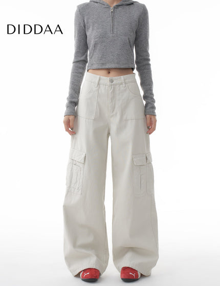 Gray Loose Wide-Leg Cargo Pants with Multi-Pockets - XS / White - Women’s Jeans