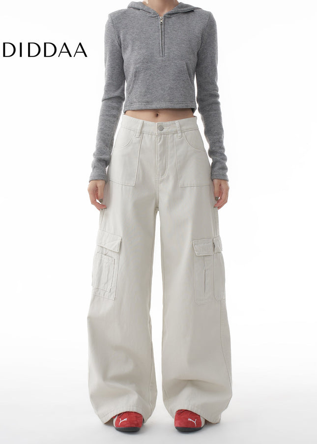 Gray Loose Wide-Leg Cargo Pants with Multi-Pockets - XS / White - Women’s Jeans