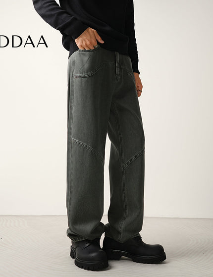 Gray Retro Structure Stitched Loose Straight-Leg Jeans - 28 / Grey - Men’s Jeans