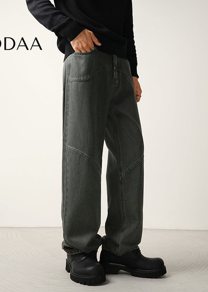 Gray Retro Structure Stitched Loose Straight-Leg Jeans - 28 / Grey - Men’s Jeans