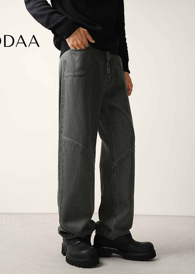 Gray Retro Structure Stitched Loose Straight-Leg Jeans - 28 / Grey - Men’s Jeans