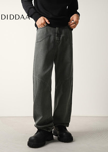 Gray Retro Structure Stitched Loose Straight-Leg Jeans - Men’s Jeans