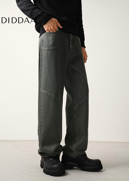 Gray Retro Structure Stitched Loose Straight-Leg Jeans - Men’s Jeans
