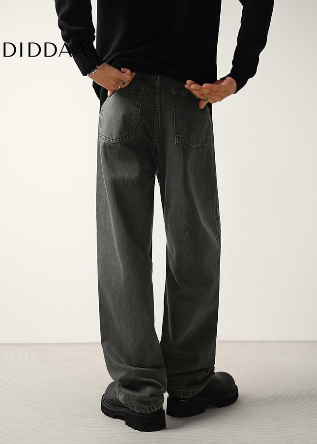 Gray Retro Structure Stitched Loose Straight-Leg Jeans - Men’s Jeans