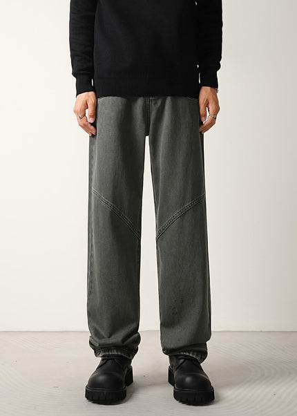 Gray Retro Structure Stitched Loose Straight-Leg Jeans - Men’s Jeans