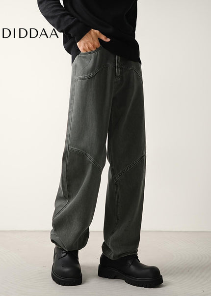 Gray Retro Structure Stitched Loose Straight-Leg Jeans - Men’s Jeans