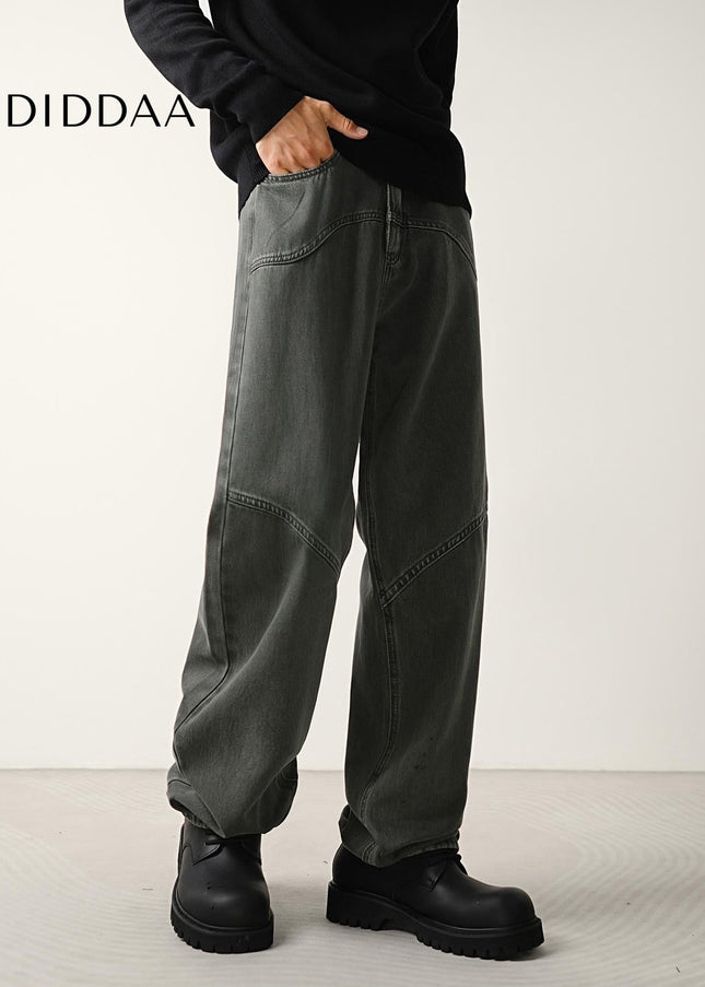 Gray Retro Structure Stitched Loose Straight-Leg Jeans - Men’s Jeans