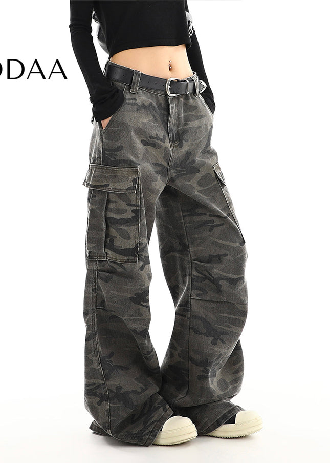 Green High Waist Straight Camouflage Cargo Jeans - S / Camouflage - Women’s Jeans
