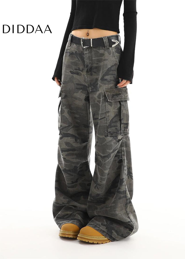 Green High Waist Straight Camouflage Cargo Jeans - Women’s Jeans