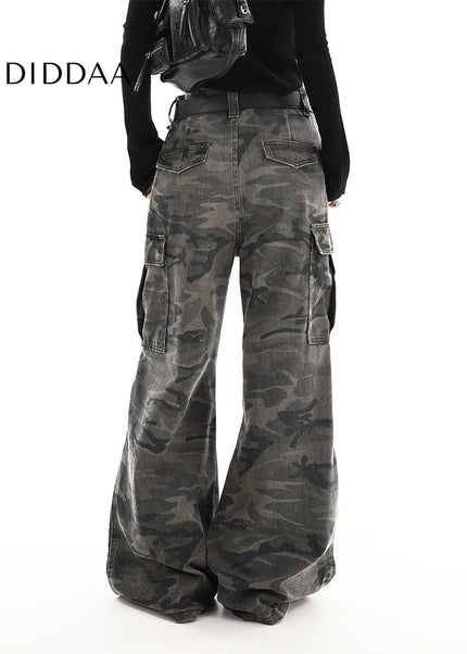 Green High Waist Straight Camouflage Cargo Jeans - Women’s Jeans