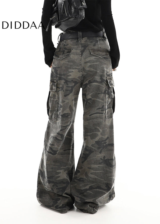 Green High Waist Straight Camouflage Cargo Jeans - Women’s Jeans